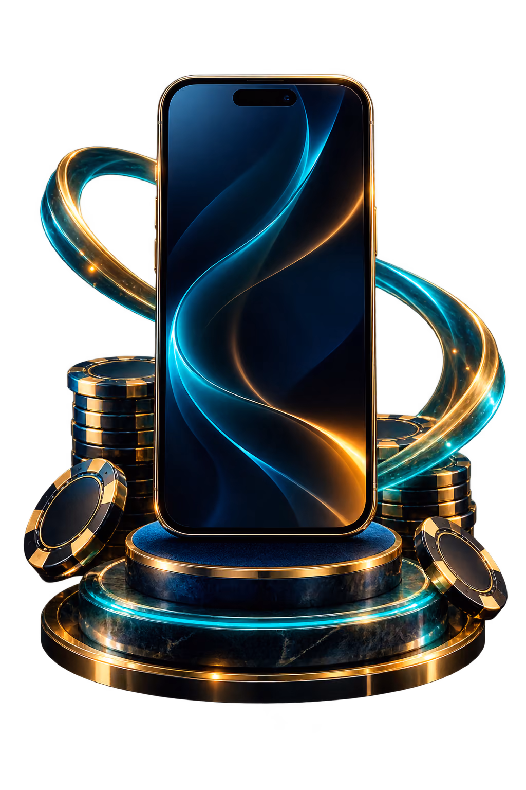 BetStarExch mobile casino phone visual with a blank screen and teal-gold lighting